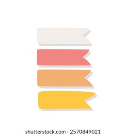 Cartoon bookmarks of different colors. Funny white and red, yellow and orange ribbons with flag shape, memo label, tape with corners. Stationery mascot, cartoon cute bookmarks set vector illustration