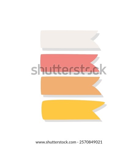 Cartoon bookmarks of different colors. Funny white and red, yellow and orange ribbons with flag shape, memo label, tape with corners. Stationery mascot, cartoon cute bookmarks set vector illustration