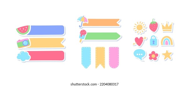 Cartoon Bookmarks for Kids, Cute Colorful Stickers, Bullet Journal Frames, Notes, Diary Calendar Elements. Borders For Message, Isolated Notebook Planner In Cute Style. Vector Illustration, Set