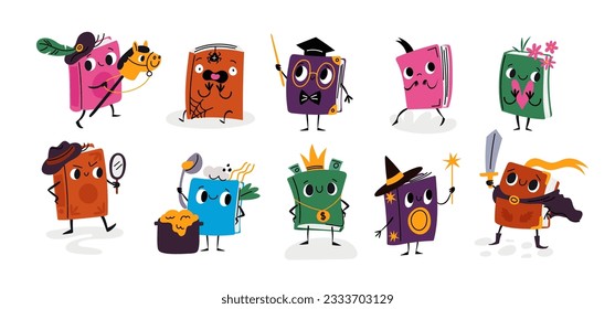 Cartoon books characters. Cute library publications mascots. Different styles of literature. Emotion expressions. Paper textbooks. Fiction fairytale or detective novels