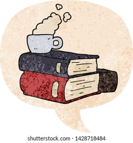 cartoon books and coffee cup with speech bubble in grunge distressed retro textured style