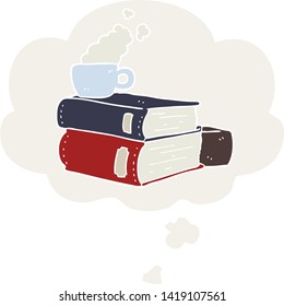 cartoon books and coffee cup with thought bubble in retro style