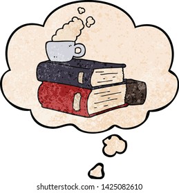 cartoon books and coffee cup with thought bubble in grunge texture style