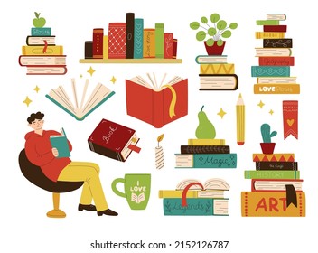 Cartoon books. Man reader in chair. Colorful textbooks and houseplants. Cozy activity. Learning student. Bookstore shelves. Fiction literature. Vector educational library