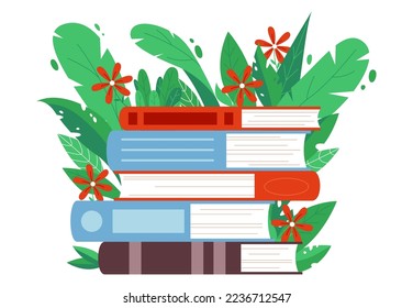 Cartoon books pile. Book in green leaves and flowers. Library, bookstore or education vector concept. Self study literature, reading
