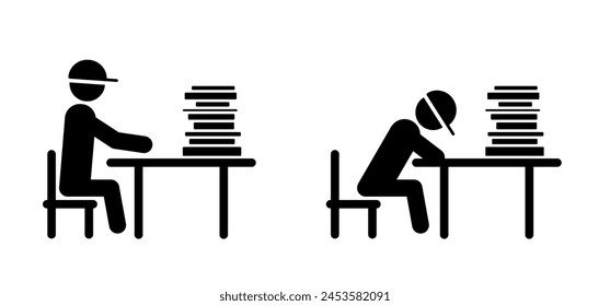 Cartoon books pile. Education concept. World book day. Stickman reading a book. Stick figures man not happy for books. Student with homework. Man looks at a reading book or study books. Work office.
