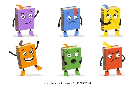 Cartoon books set. Cite funny character with different emotions, smiling or pensive face on cover, colorful diary or textbook for kids. For primary school, education, literature concept