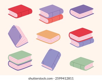 Cartoon books set. Colorful textbooks for reading and school. Library book pile, bookstore elements.