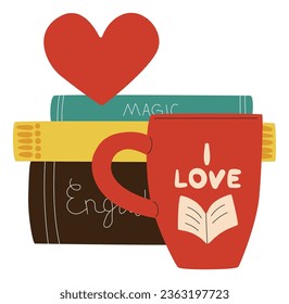 Cartoon-Bücher stapeln sich. Lies sehr gern. Fiktion- oder Bildungsliteraturliebhaber. Trink Tasse. Buchwurm gemütliche Freizeit. Hardcover-Lehrbücher. Lernen von Wissen. Vektorbibliothek und