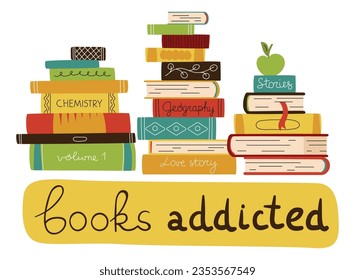Cartoon books stacks. Reading addicted. Fiction or educational literature. Bookshelves with hardcover textbooks. Bookworms leisure. Students studying. Vector library and