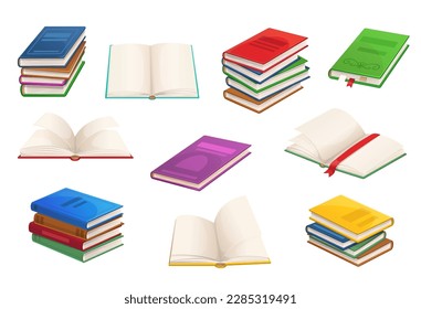 Libros de caricatura, libros de texto y mejores vendedores, abrieron libros en pilas. Biblioteca de libros aislados de literatura vectorial o educación escolar, abrió libros de texto con marcadores y cerró pilas de pilas