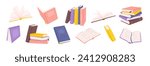 Cartoon books. Textbooks for reading and school education. Notebook and kids literature, dictionary for reader and bookworm. Color library book pile isolated vector set. Bookstore elements