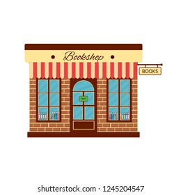 Cartoon bookstore. Front view. Vector Illustration icon.