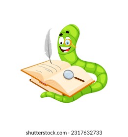 Cartoon bookworm character, book worm animal. Cute earthworm author personage wear monocle writing a story with a feather pen and glass, lost in the creative process. Isolated vector funny bug writer