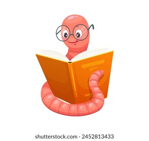 Cartoon bookworm character reading book, vector worm in glasses. Bookworm in eyeglasses reading book in library, intelligent work character or school student and education intelligent nerd