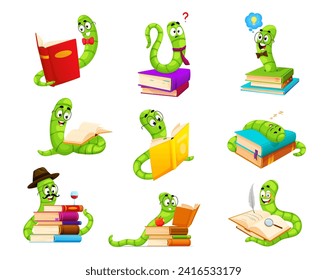 Cartoon bookworm characters. Funny cute book worm animals, green caterpillar or earthworm vector personages reading, studying, sleeping, writing and drawing with glasses, quill pen, magnifying glass