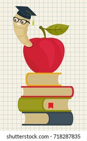 Cartoon bookworm peering from an apple, which is on a pile of books. Vector illustration