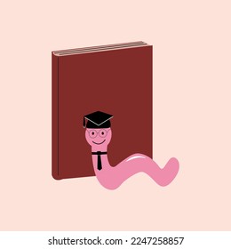 Cartoon bookworm in a square academic cap and tie near the book. Hand drawn educational vector illustration.