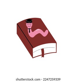 Cartoon bookworm in a square academic cap and tie crawls on a book. Hand drawn educational vector illustration.