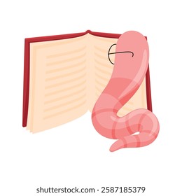 Cartoon bookworm with thoughtful look reading open book showing off pinkish hue and curvy body isolated on white background