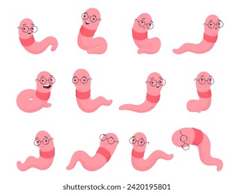 Cartoon bookworms. Elongated characters with facial expressions and glasses. Smart cartoon characters. Vector illustration
