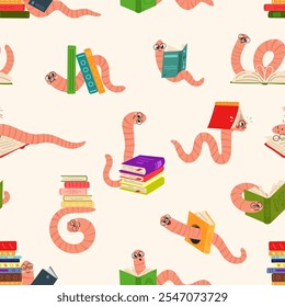 Dibujos animados bookworms sin patrón. Lindo gusano y libros. Estampado infantil para tela, Anuncios de educación, Fondo de pantalla, envoltura. Fondo de Vector de los lectores