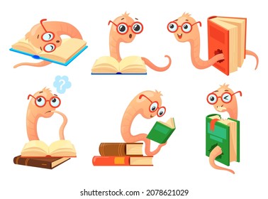 Cartoon bookworms. Worm reading book with glasses, bookworm funny character books, school learning, animal insect earthworm, intelligent world vector. Illustration of education book worm in glasses