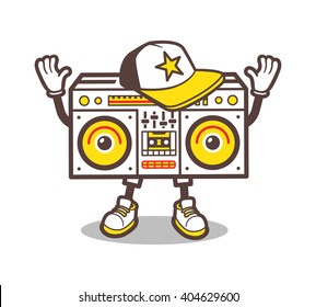 Cartoon Boom Box Character Vector Design For Tee. Ghetto Blaster In Comic Style Isolated On White. Swag Tape Player In Baseball Cap And Sneakers