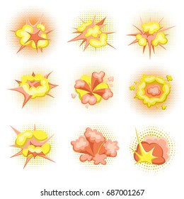 Cartoon Boom. Set of fire bomb explosions in comic style. Vector illustration, isolated on white background.
