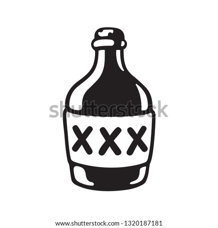 Cartoon bootle of moonshine with three X label. Black and white drawing of alcohol bottle. Vector illustration.