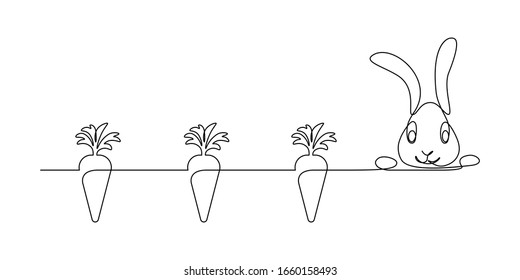 Cartoon border with carrots and cute little bunny rabbit peeking out in continuous line art drawing style. Black linear sketch isolated on white background. Vector illustration