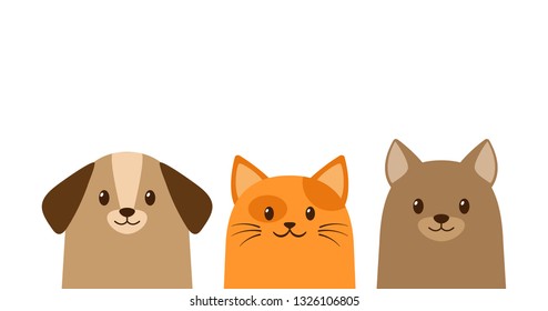 Cartoon border with funny dogs and cats. Cute best friends banner. Vector illustration