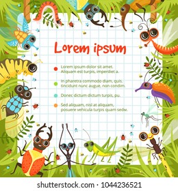 Cartoon border with funny insects. Banner with butterfly and fly, character beetle, caterpillar and worm. Vector illustration