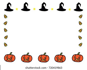 cartoon border in Halloween concept consists of jack-o-lanterns, witches' hats, stars and candies