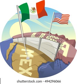 cartoon border wall between mexico and the united states illustration