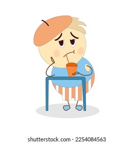 Cartoon bored character standing at high table drinking from straw. Comic vector illustration.