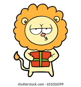cartoon bored lion with present