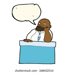 cartoon bored man at desk with speech bubble