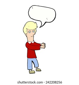 cartoon bored man showing the way with speech bubble