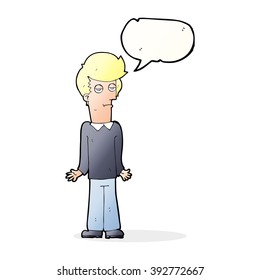 cartoon bored man shrugging shoulders with speech bubble