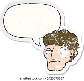 cartoon bored man with speech bubble distressed distressed old sticker
