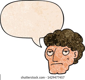 cartoon bored man with speech bubble in retro texture style