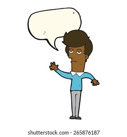 caricatura de un hombre aburrido saludando con burbuja de habla