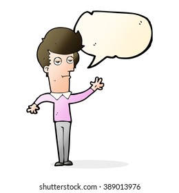 caricatura de un hombre aburrido saludando con burbuja de habla