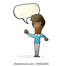 caricatura de un hombre aburrido saludando con burbuja de habla