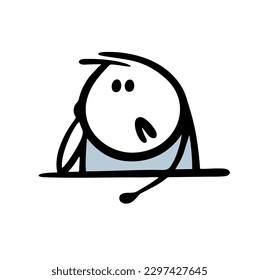 Cartoon bored student is sitting at a table during a lesson. Vector illustration of a sad stickman.