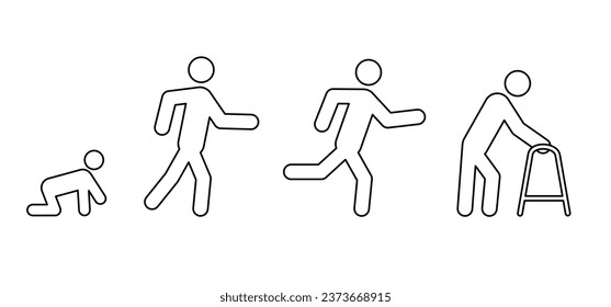 Cartoon born to, crawl, walk, run en old man. Baby running steps and old person.  Senior, stickman, stick figure man sign. Human evolution for education concept. Jump, play, walking and running.