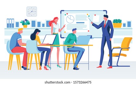 Cartoon Boss Businessman Hold Meeting, Analyze Diagram Vector Illustration. People Workers in Conference Room. Teamwork, Brainstorming, Statistics Presentation, Project Report Analysis.