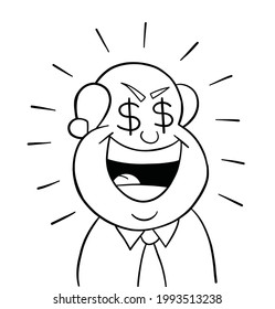 Cartoon Boss Man Greedy, Vector Illustration. Black Outlined And White Colored.