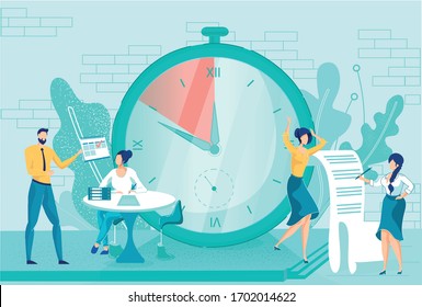 Cartoon Boss and Office Worker Discuss Deadline Term Vector Illustration. Woman Employee Panic near Timer Watch Countdown. Manager Organize Project Schedule Plan. Time Management Concept